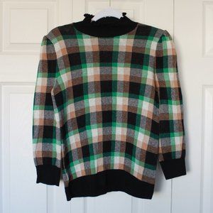 Ann Taylor Factory green and black plaid ruffle neck sweater size Medium